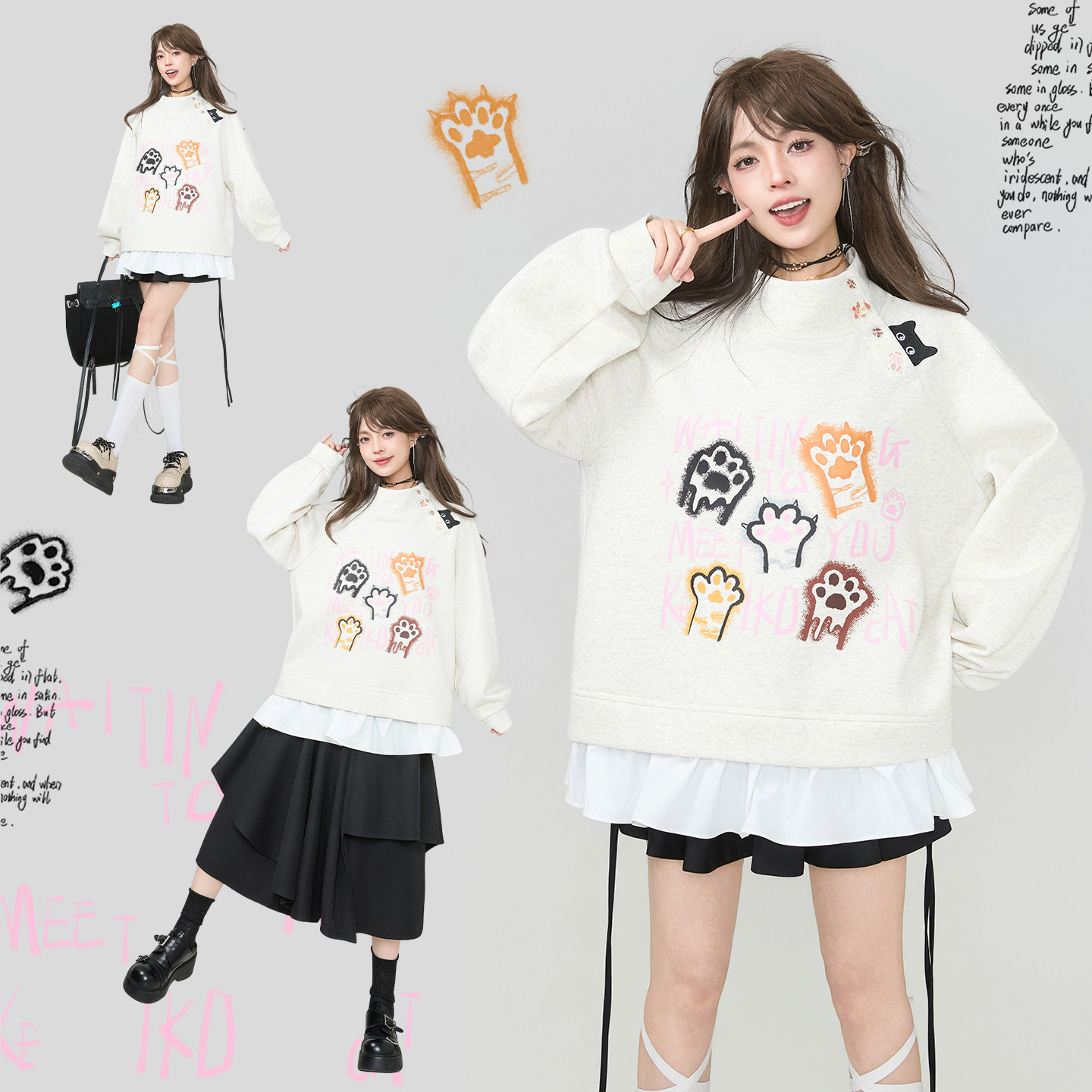 KEIKO 涂鸦风猫爪印花加绒卫衣女26春季甜系花边下摆拼接立领外套