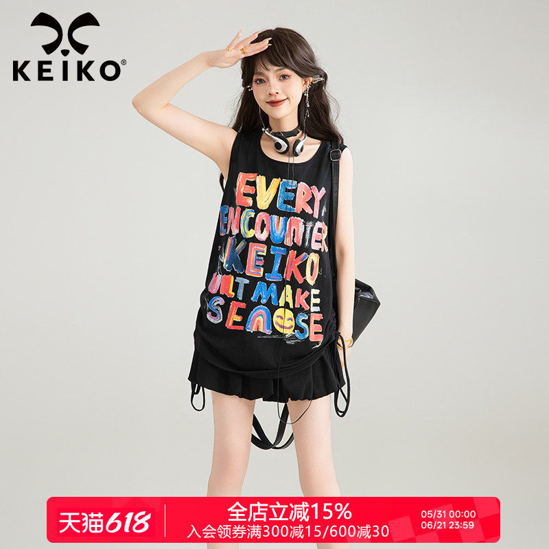 KEIKO 涂鸦字母宽松吊带背心夏季辣妹多巴胺穿搭显瘦无袖外穿上衣