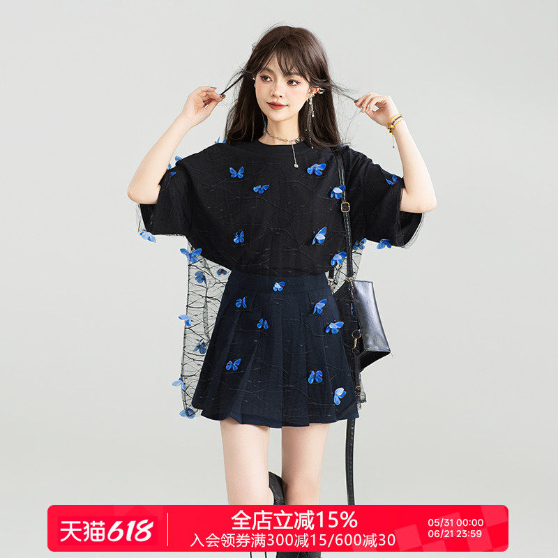 KEIKO 仙灵蝴蝶花薄纱拼接T恤女酷感慵懒宽松显瘦黑色短袖上衣