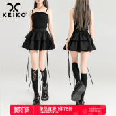 显瘦穿搭 甜辣显瘦A字蓬蓬蛋糕裙 灵动飘绳饰黑色半身裙短裙夏季