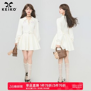 KEIKO miu系白色衬衫翻领连衣裙26春季萌猫绣花可收腰百褶短裙子