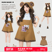 设计感可拆连帽连身阔腿裤 女2026夏季 子 复古牛仔背带短裤 KEIKO