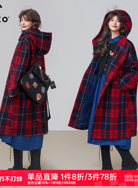 KEIKO 复古红色格子毛呢大衣女25秋冬英伦风斗篷形连帽圈圈呢外套