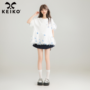 独特漂亮轻纱遮肉泡泡袖 KEIKO t恤夏季 短袖 上衣 3D绣蝴蝶花娃娃装