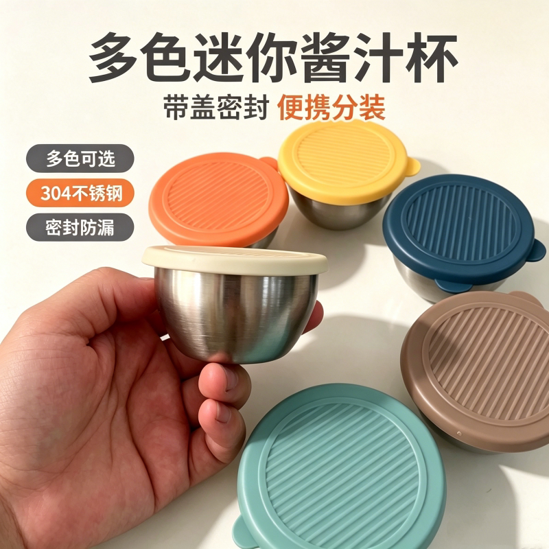 304不锈钢迷你酱汁杯带盖家用番茄沙拉酱料盒便携调味蘸料杯子
