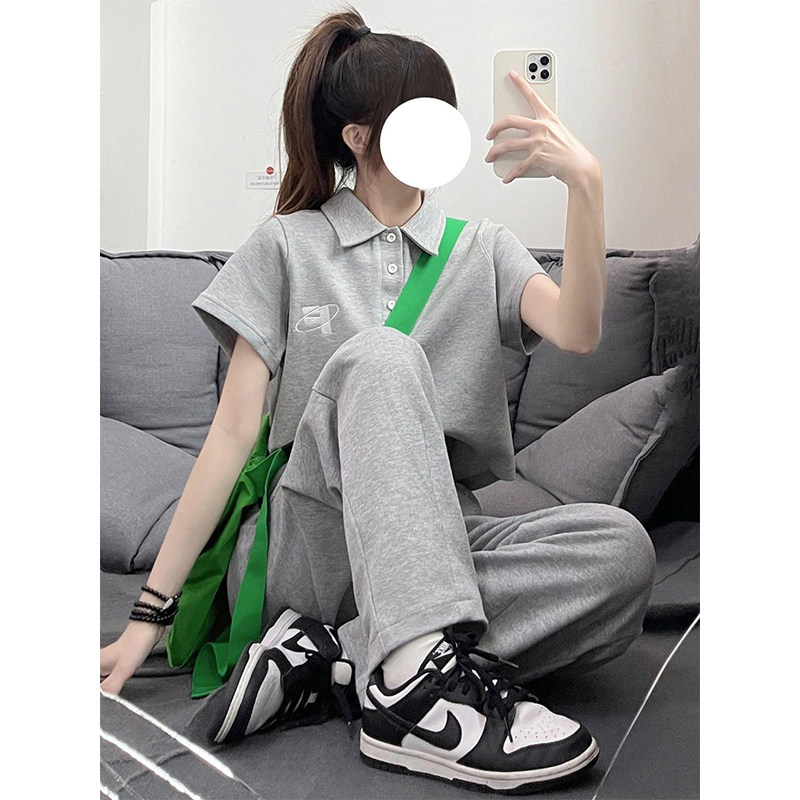 学院风运动套装女夏学生韩版宽松显瘦时尚休闲两件套纯棉短袖长裤