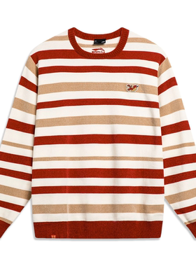 李宁日进斗金男女同款毛衣红色刺绣龙年条纹套头编织衫AMBU023