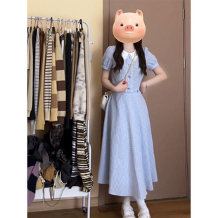 甜美娃娃领花边短袖 上衣 中长半身A字裙女温柔风气质格纹两件套装