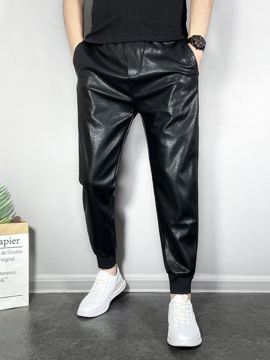 가을 겨울용 남성용 가죽 바지 새로운 스타일 플러스 벨벳과 두꺼워진 블랙 슬림 핏 레깅스를 타는 라이더 사이클링 남성용 따뜻한 바지