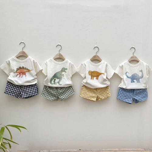儿童夏季新款卡通恐龙涂鸦半袖两件套男女童短袖上衣短裤套装夏装