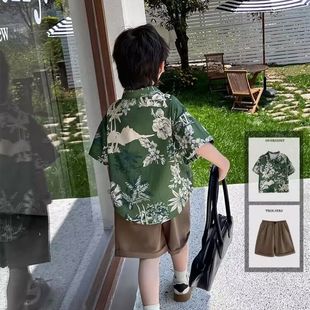 网红短袖 衣服儿童套装 2024新款 洋气宝宝夏季 套装 酷亲子装 男童衬衫