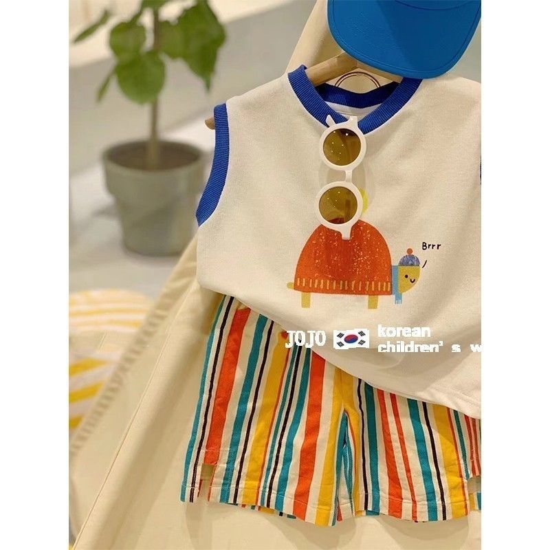 夏季新品~男女童装宝宝卡通洋气上衣彩色短裤套装儿童网红两件套