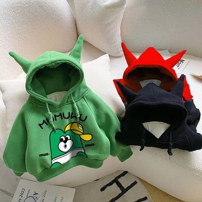 儿童秋冬季可爱连帽加绒加厚卫衣男女童宝宝卡通保暖套头上衣外套