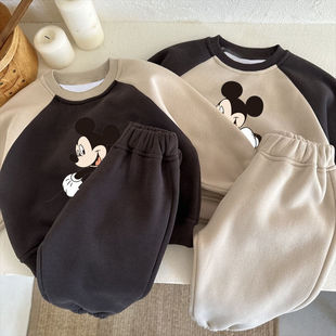 儿童春秋冬季加2绒套装男女童冬装加厚拼接宝宝宽松卫1衣裤两件套