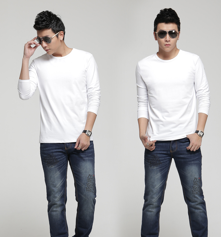 春秋冬男士长袖圆领t恤韩版修身纯棉打底衫纯色弹力紧身上衣潮男
