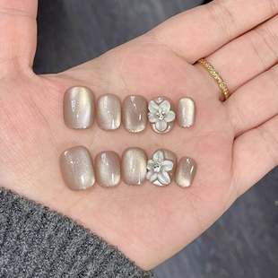 【冰凌花】温柔清透雕花高级显白猫眼纯手工美甲穿戴甲片短款