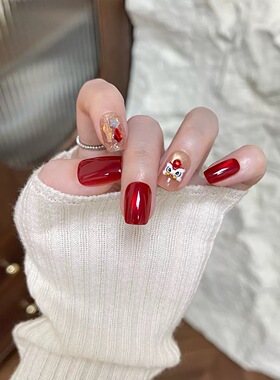 【鸿运当头】手工红色狮子拼钻重工猫眼穿戴甲显白高级美甲片