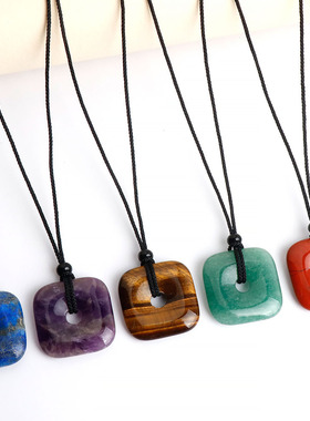 天然水晶半宝石 紫水晶30mm无事四方平安扣项链编织吊坠跨境