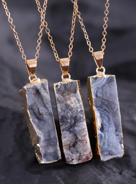 欧美长方形吊坠镀金边彩色石头吊坠项链 男女情侣毛衣链短链跨境