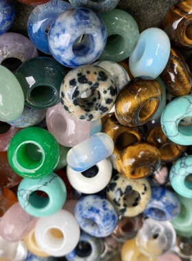 天然石大孔珠粉晶算盘珠8×14mm孔5mm大散珠隔珠 diy发簪手串吊坠