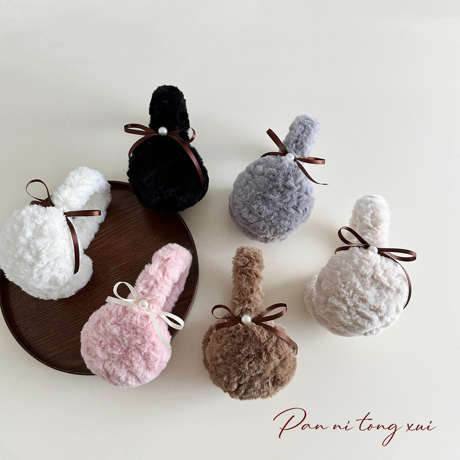 冬日暖阳~珍珠蝴蝶结毛绒绒耳套女咖色冬季学生防风护耳保暖耳罩