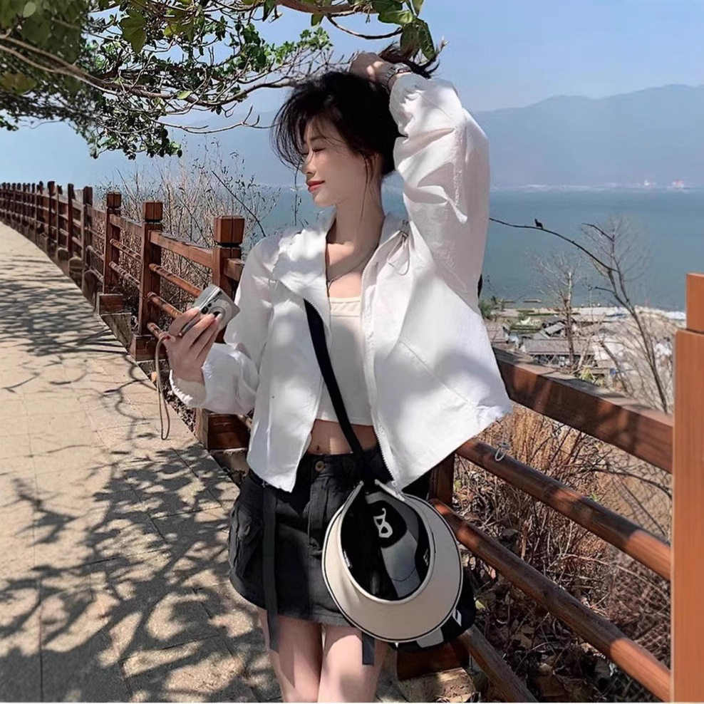 韩版抽绳连帽短款防晒外套女春季