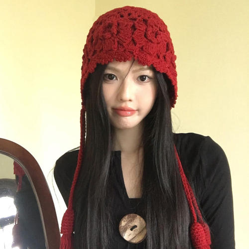 川西旅游花朵流苏红色毛线帽子女