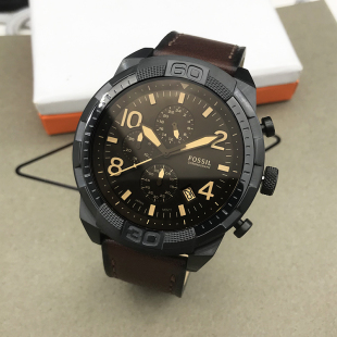 现货FOSSIL化石手表大表盘酷弦三眼计时商务休闲石英表防水男表