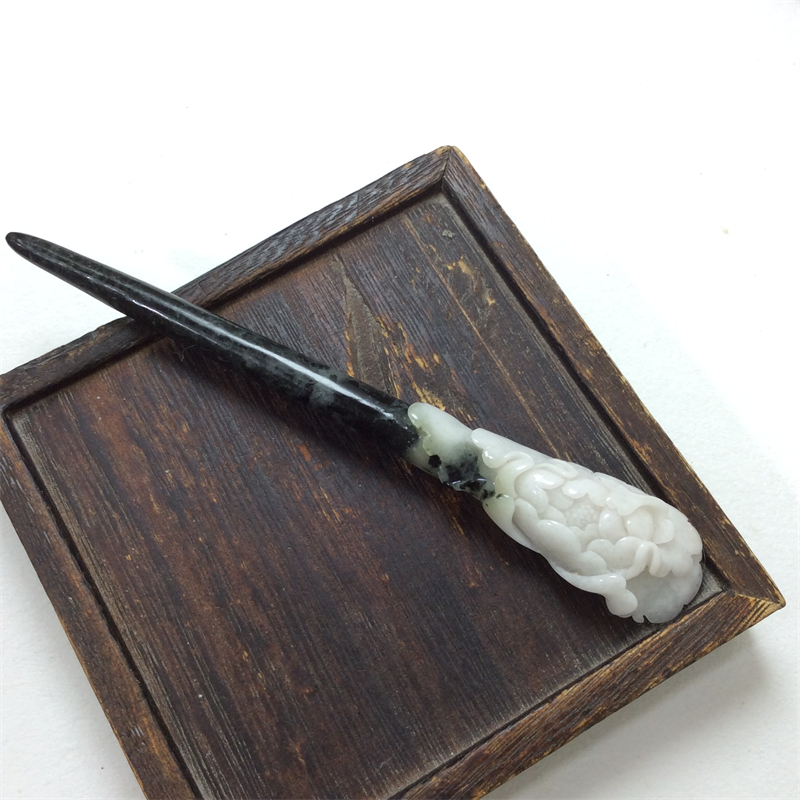 天然独山玉黑白料俏色牡丹花发簪玉石簪子汉服古装玉簪送女友礼物