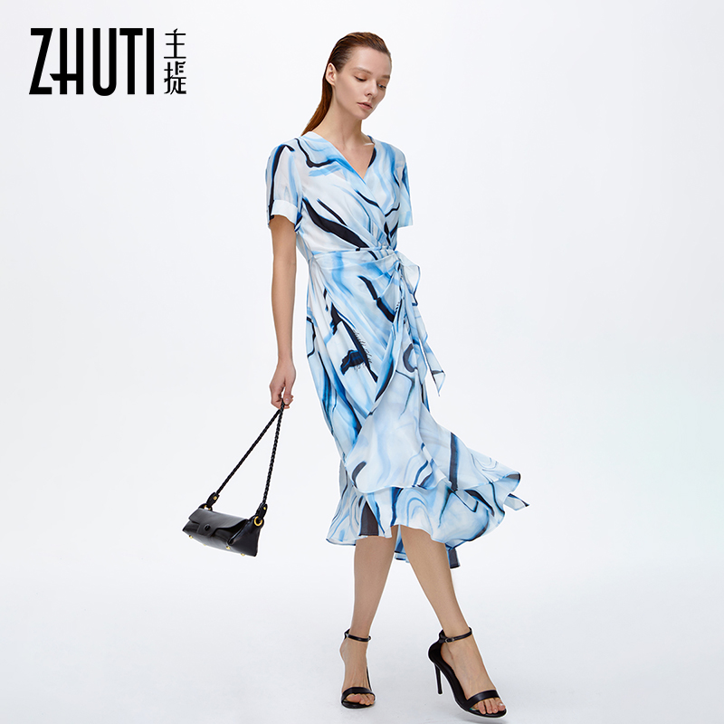 桑蚕丝收腰优雅连衣裙