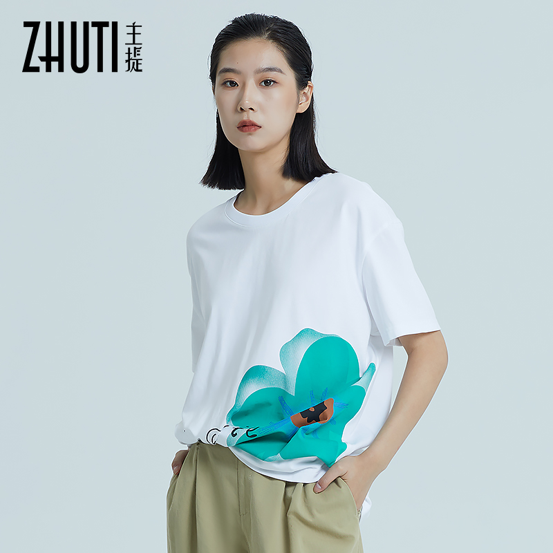 主提秋季女装2024新款专柜同款百搭简约宽松时尚大气印花T恤轻奢