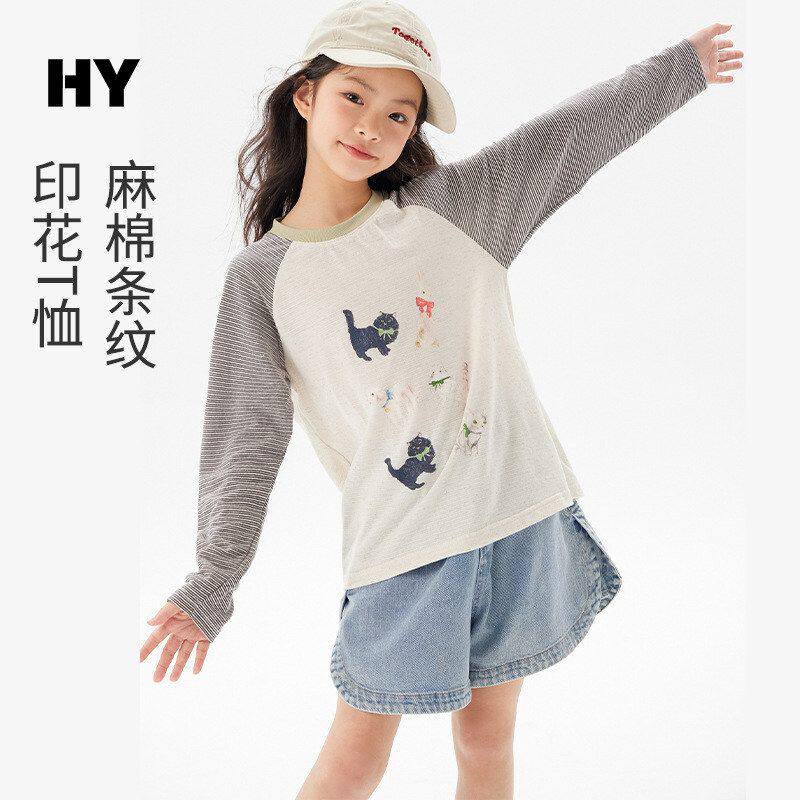 儿童棉麻T恤2026夏季新款女童韩版卡通长袖中大童宽松透气上衣潮