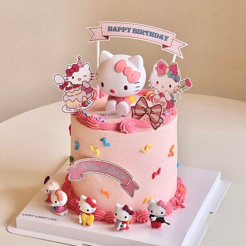 女生小女孩儿童生日蛋糕装饰粉色kt猫四色粉猫摆件粉色系小猫插牌