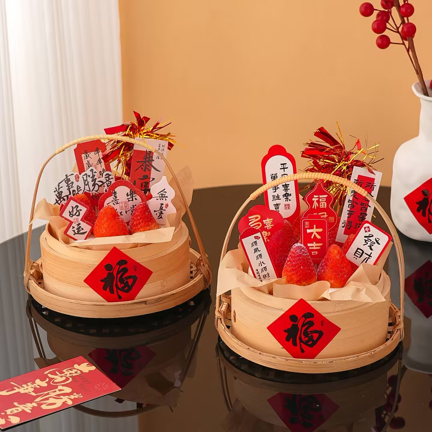 2026新中式新年竹篮蒸笼蛋糕装饰马年元旦跨年甜品烘焙装扮插件