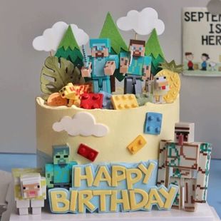 我 饰摆件男孩生日主题DIY积木拼装 玩具游戏主题装 扮 世界蛋糕装