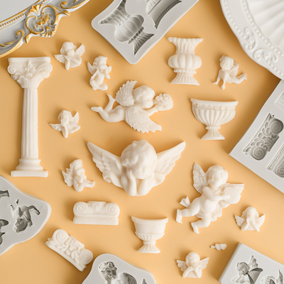 复古欧式花瓶罗马柱硅胶模具许愿池天使丘比特翻糖巧克力蛋糕装饰