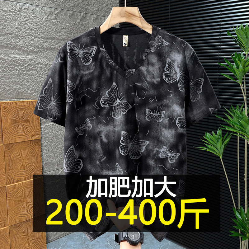 400斤特大码破洞v领短袖T恤男夏季潮流休闲半袖胖子国风宽松体恤