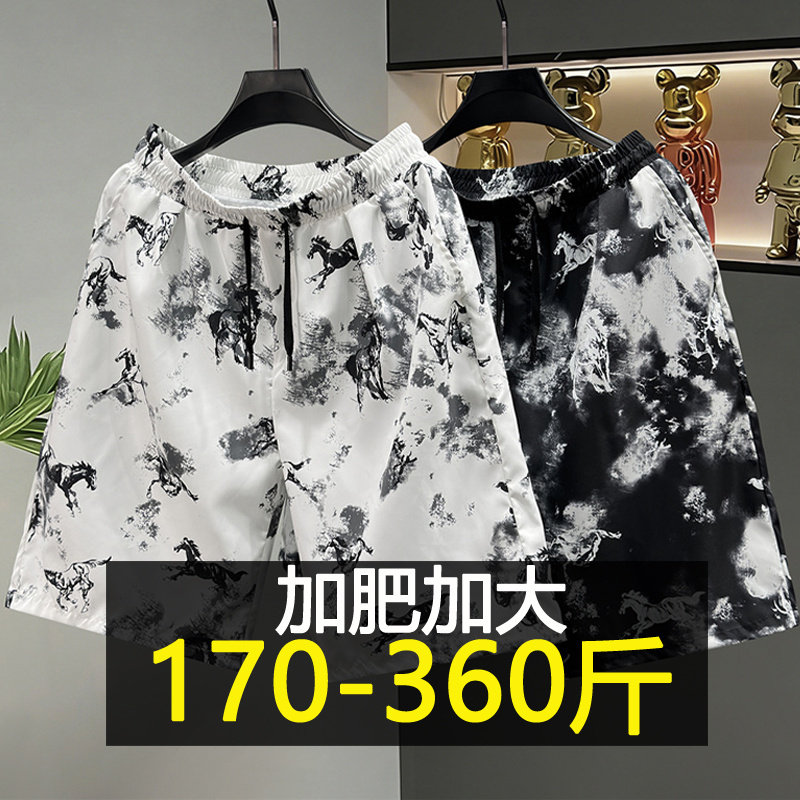 特大码新中式马年速干短裤男士夏季国风五分裤胖子休闲印花沙滩裤