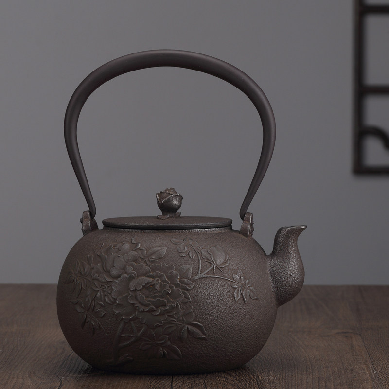 日本进口龙文堂造 铁壶老铁壶纯手工原装无涂层 牡丹纹
