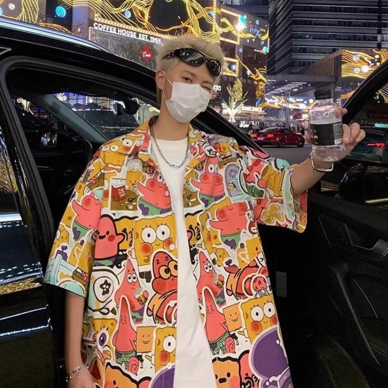 特大码夏威夷海绵宝宝卡通衬衫短袖男士夏季薄款冰丝沙滩半袖衬衣