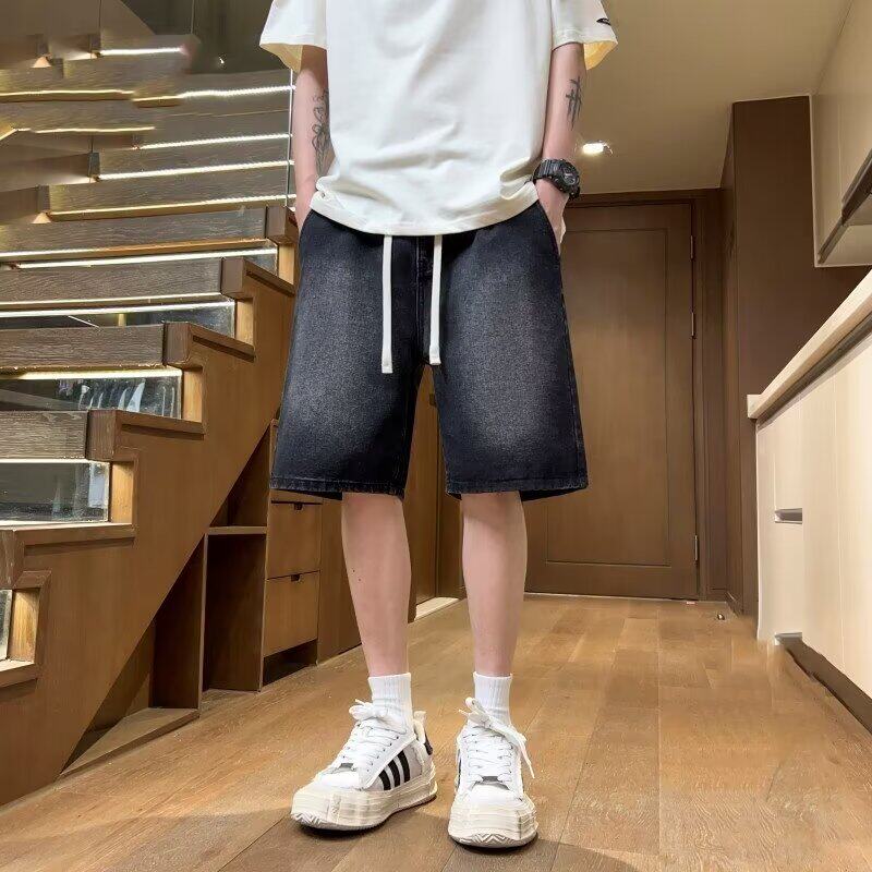 复古水洗黑色牛仔短裤男潮流宽松休闲五分裤夏季薄款男款运动裤子