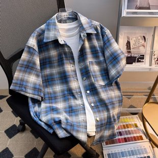 cityboy短袖 美式 基础宽松百搭情侣款 复古休闲格子衬衫 衬衣男 夏季