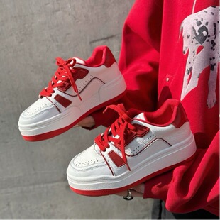 休闲鞋 6cm新年红小个子时尚 女 松糕厚底真皮小白鞋 2026春新款