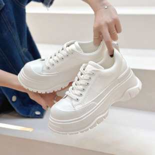 休闲板鞋 6cm小个子时尚 透气 女2026春新款 真皮厚底松糕小白鞋