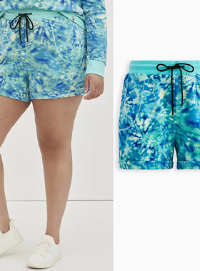 2367欧美单胖MM特大码时髦蓝色扎染短裤200 300 400斤