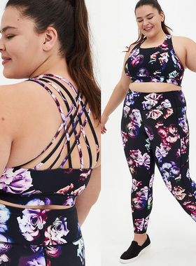 2066欧美单胖MM特大码紫印花速干健身运动文胸紧身裤200300400