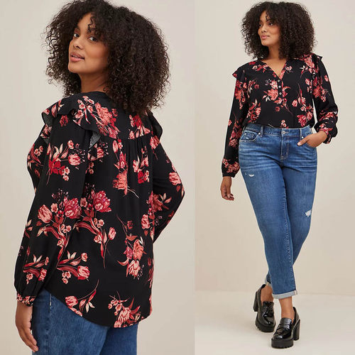 瑕疵处理2507欧美单胖MM特大码黑底印花菲菲边人棉长袖衬衫200斤