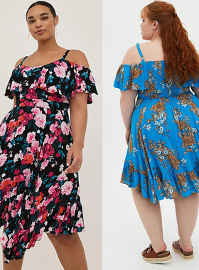 断码清仓2124欧美单胖MM特大码黑色印花冷肩人棉连衣裙130-200斤