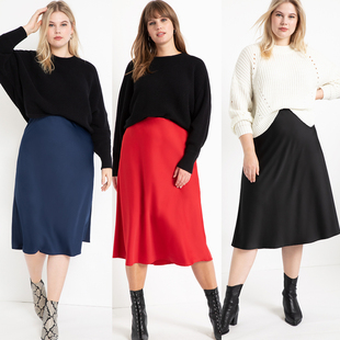 2656欧美单胖MM特大码通勤仿真丝缎面雪纺黑红色半身裙子200300斤