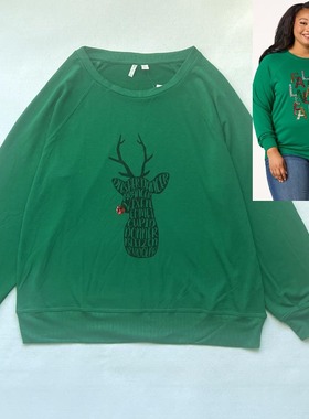 200 300 400斤欧美特大码绿色圣诞麋鹿细毛圈长袖薄卫衣上衣2717